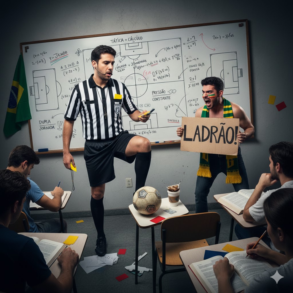 Imagem de um árbitro em sala de aula, exemplificando a dupla função exercida pelos mesmos.